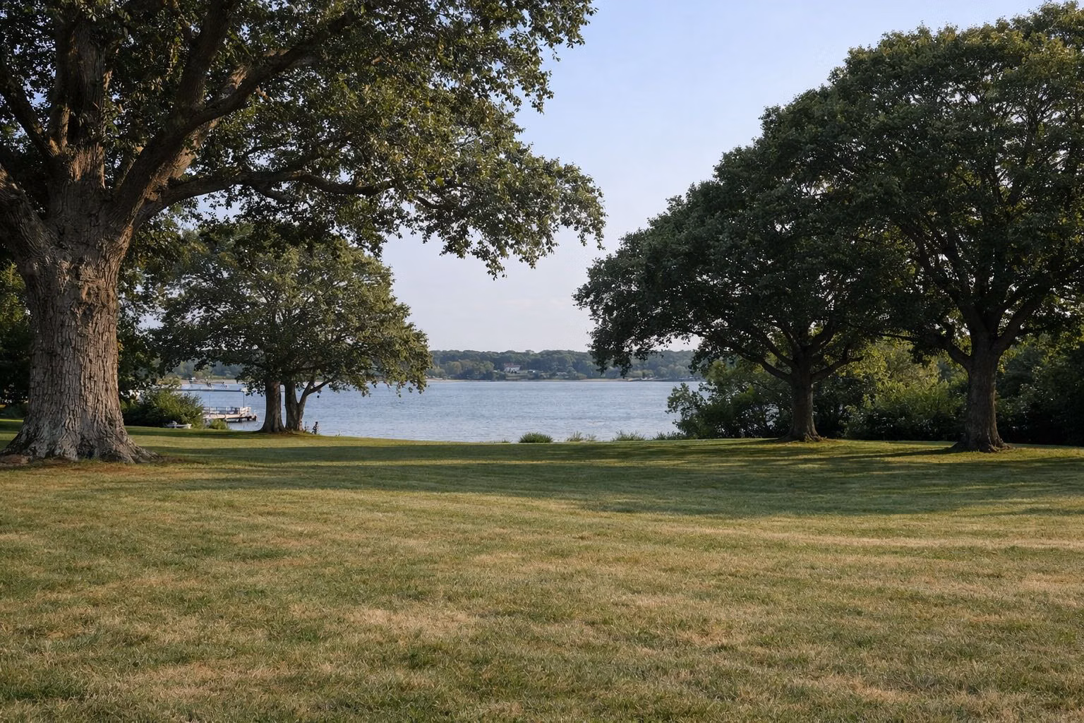 Wide lawn with huge old shade trees and calm bay water beyond